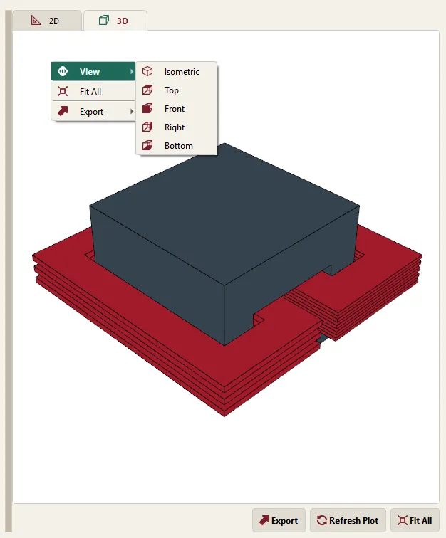 3D view of the same core and windings with the view menu open