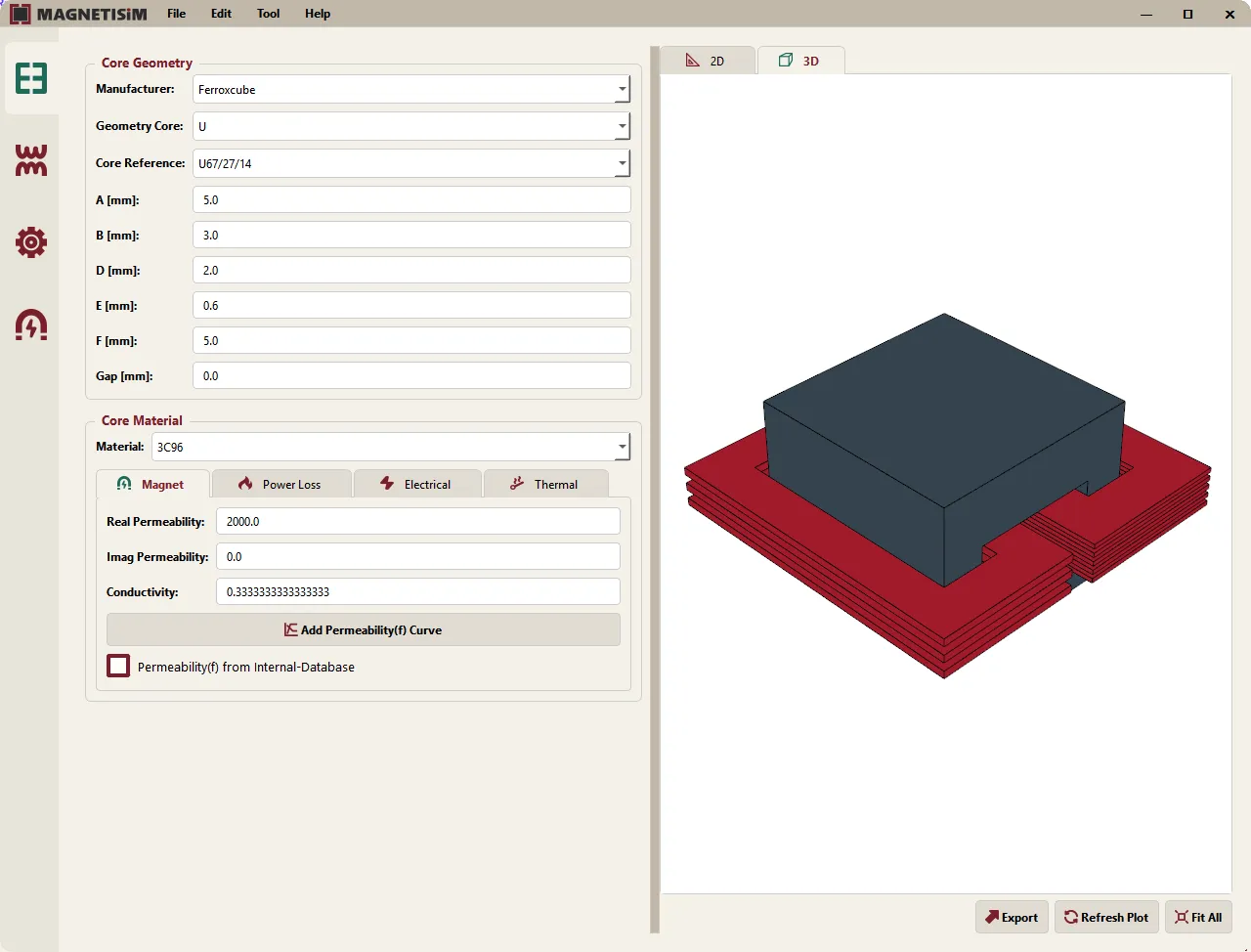 MAGNETISiM core geometry editor with a 3D preview of a U core and PCB windings