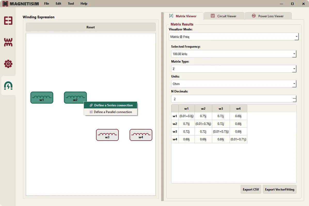 Results tab: winding expression editor on the left and the impedance matrix at 100 kHz on the right